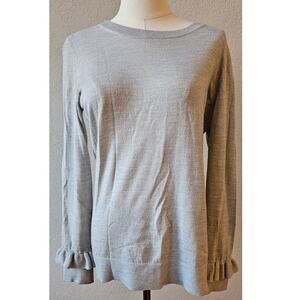 Banana Republic 100% Merino Wool Sweater Ruffle Cuffs Pullover Gray Women Medium
